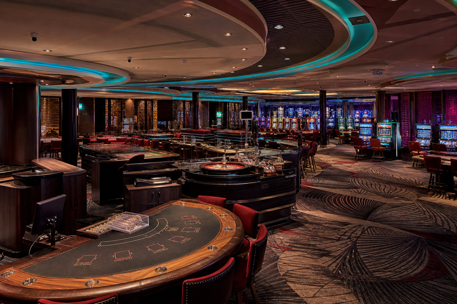 Salle de casino aménagée avec tables de jeu, sièges et éclairage