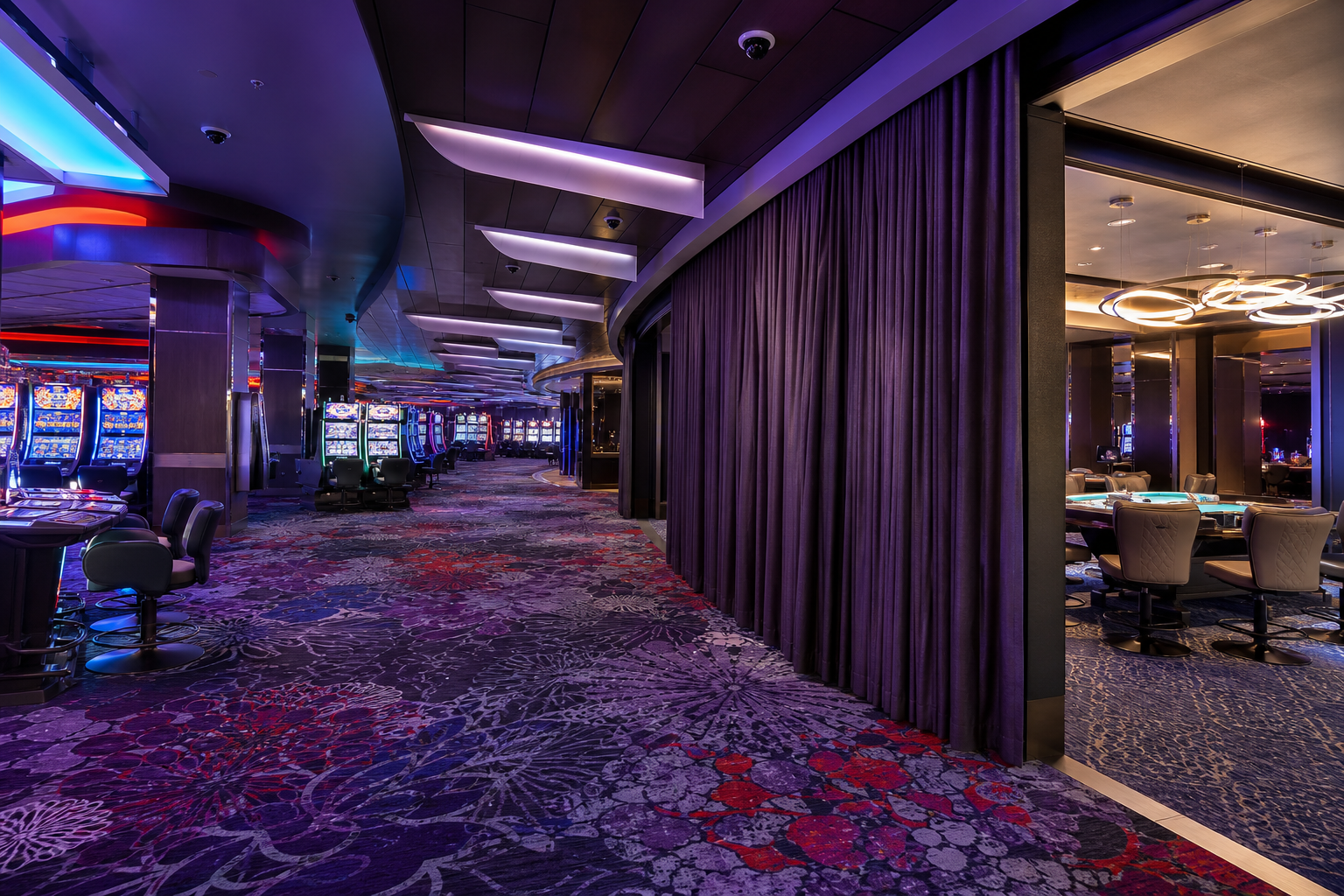 Espace de machines à sous avec éclairage décoratif et moquette à motifs