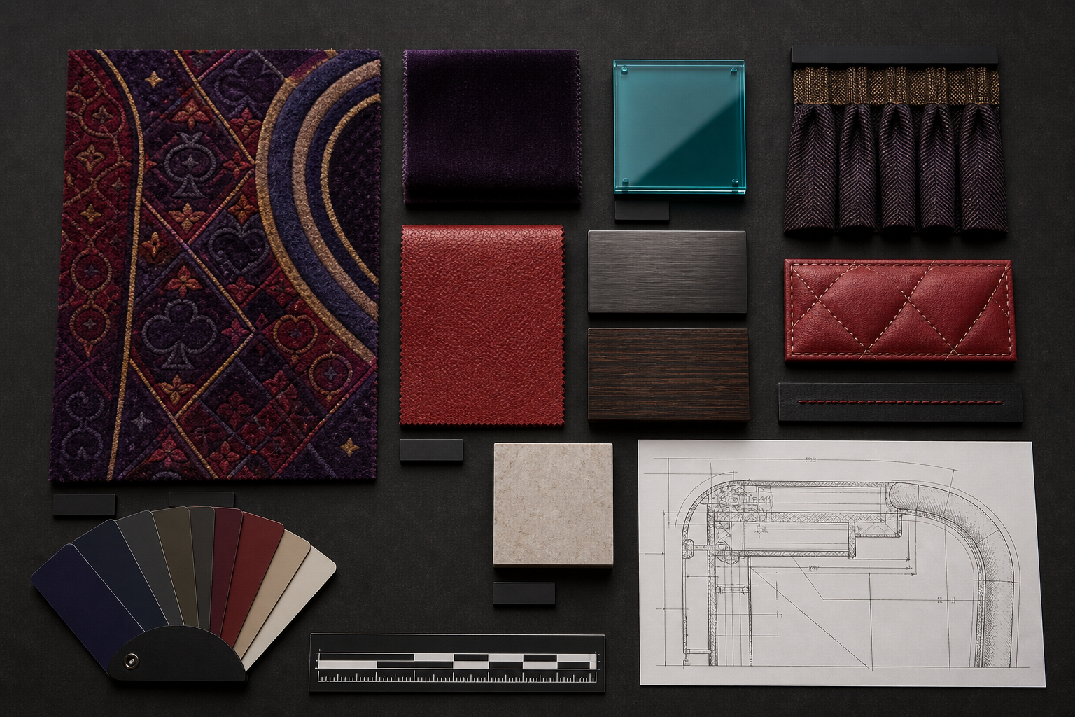 Planche de matériaux pour casino avec tissus, moquette, métal, bois et pierre