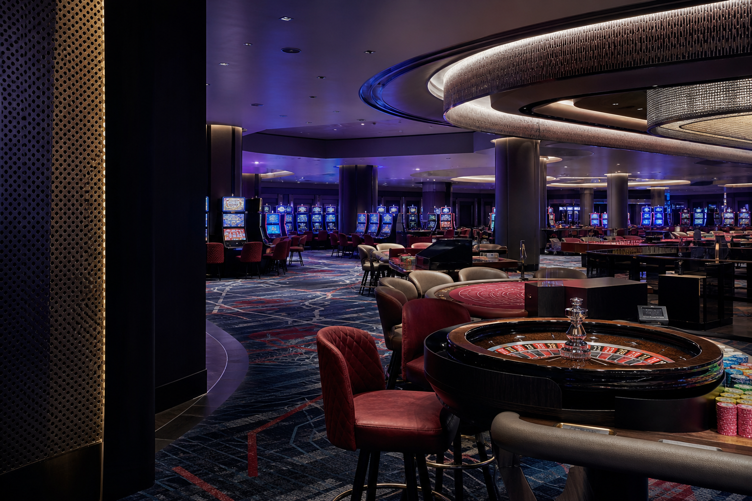 Salle de casino contemporaine avec roulette, tables de blackjack, machines à sous et éclairage architectural