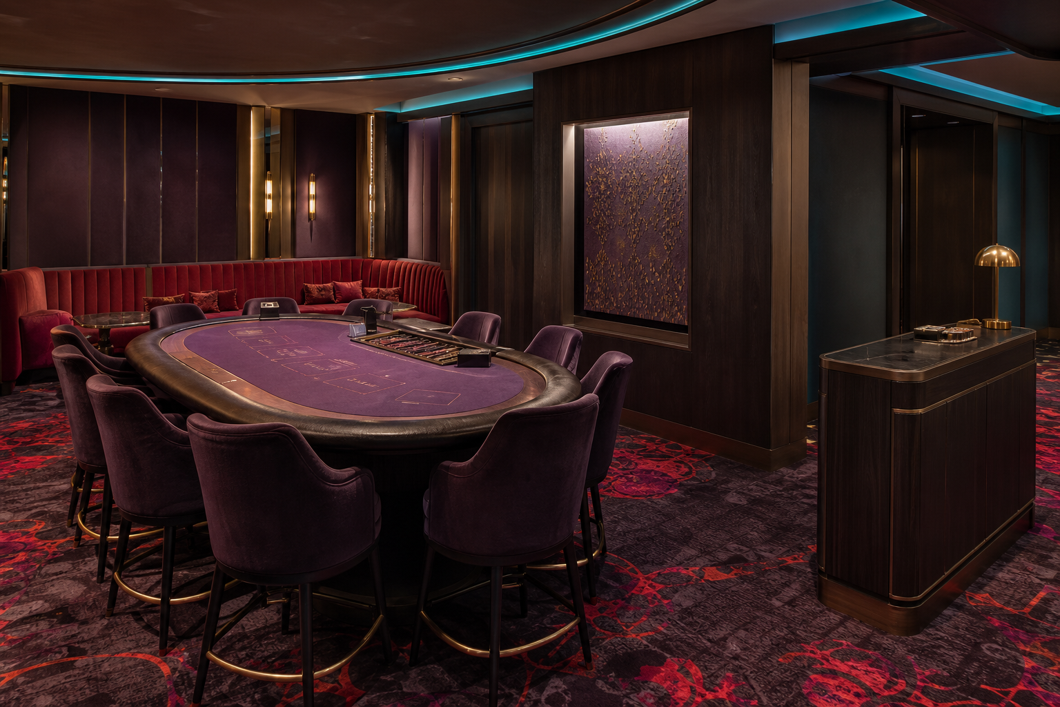 Table de jeu et mobilier dans un salon privé de casino